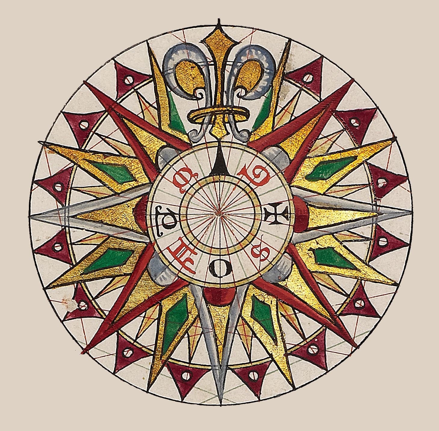 Rosa dei venti dall'atlante di Joan Martines, 1591: stella a trentadue punte in oro, rosso e verde, con il giglio a segnare il nord
